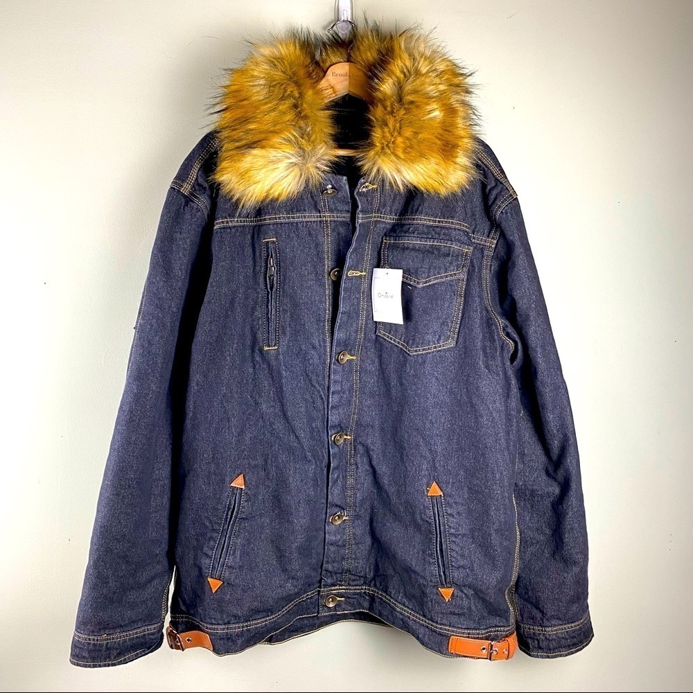 Omoone:‎ Longline Chunky Jean Winter Jacket Faux Fur Distressed Denim XXL (NWT)